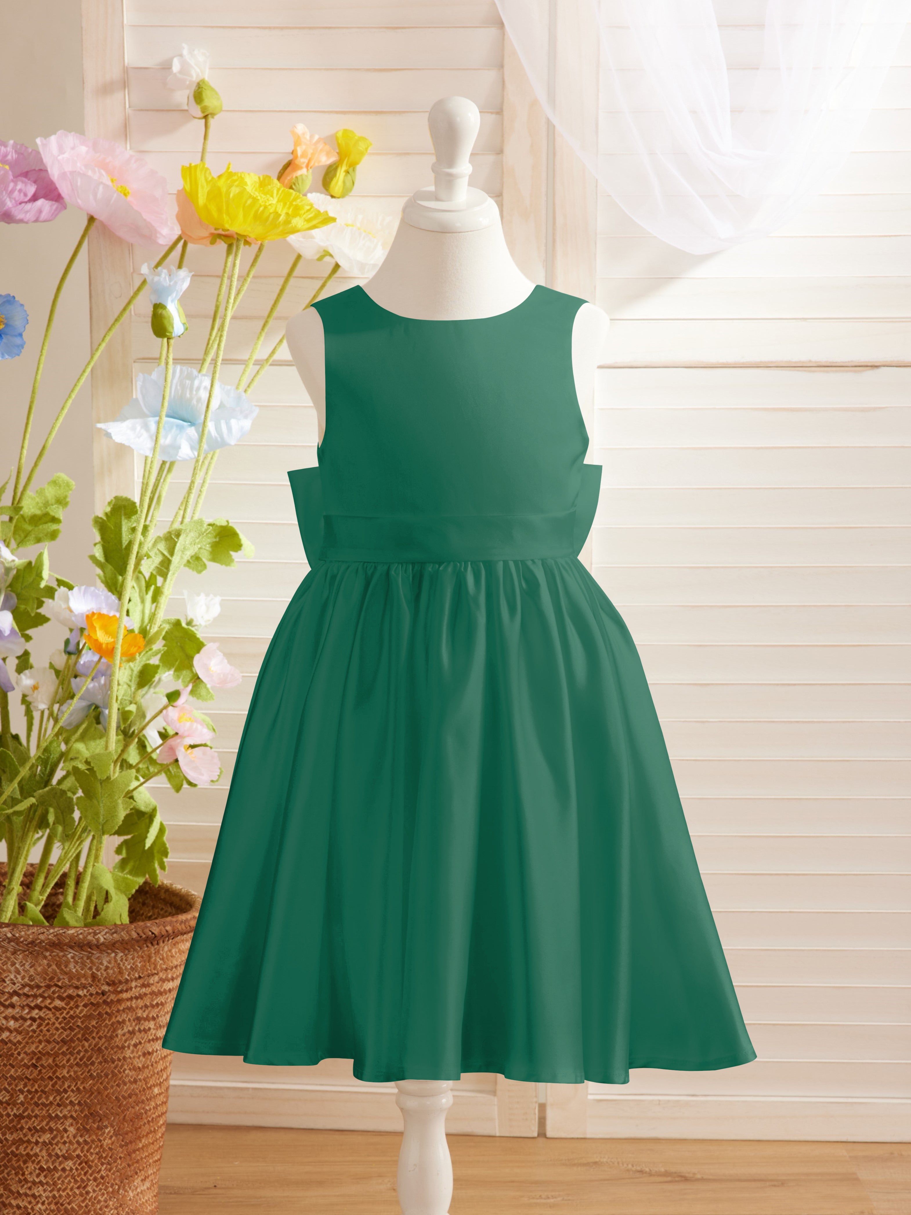 Elegante vestido de niña de las flores de satén con corte en A, espalda en V y lazo, hasta la rodilla 