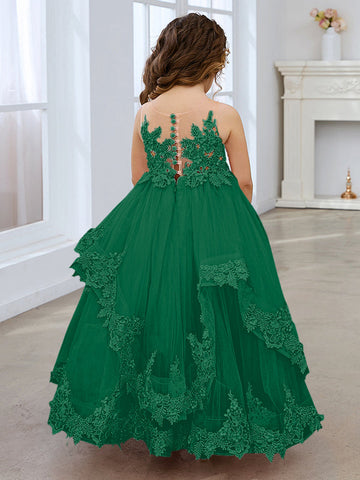 Vestido de princesa sin mangas de tul con apliques de encaje y cola corta para niñas 
