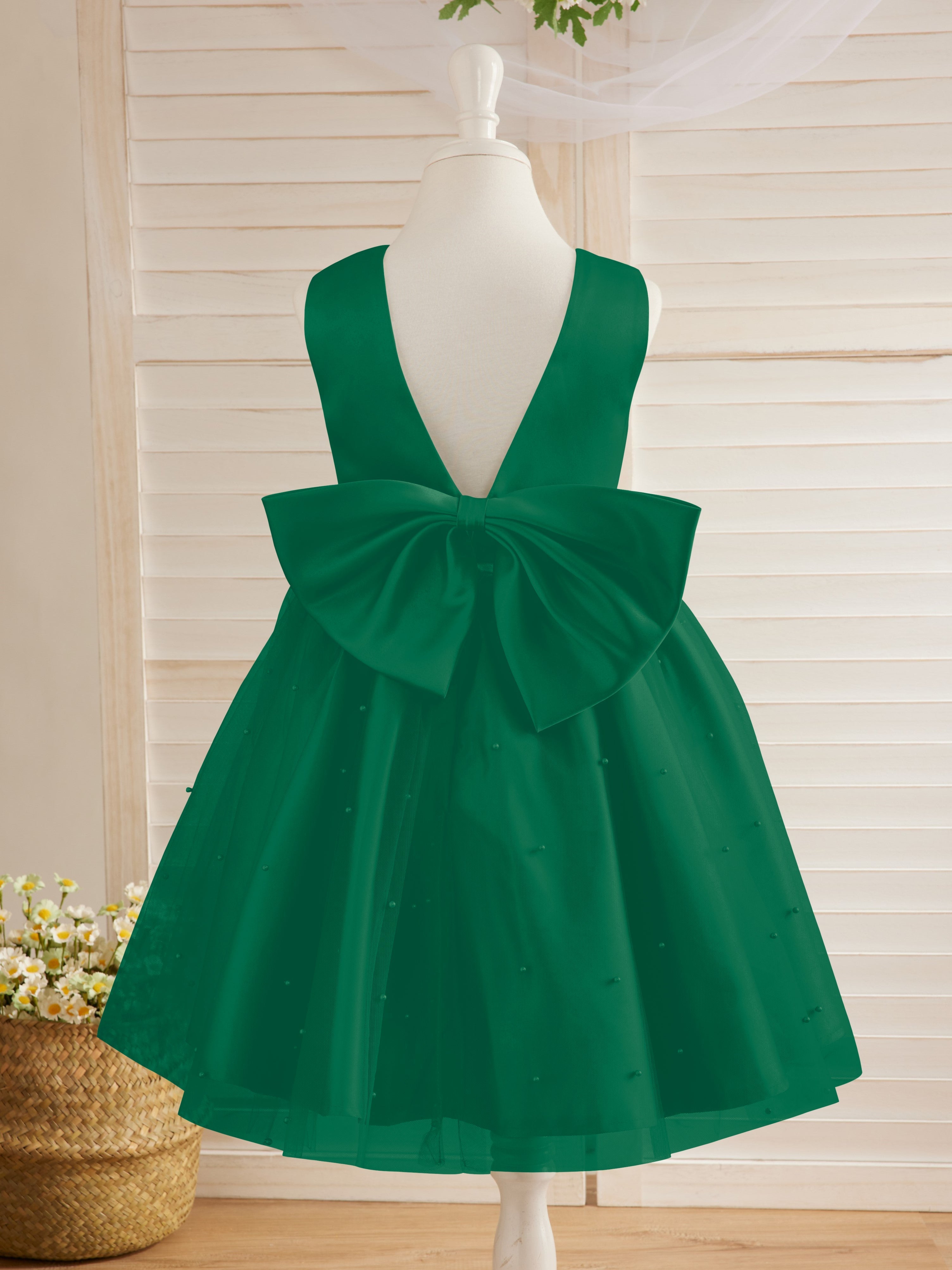 Vestido de princesa/vestido de princesa de satén y tul hasta la rodilla para niña de las flores 