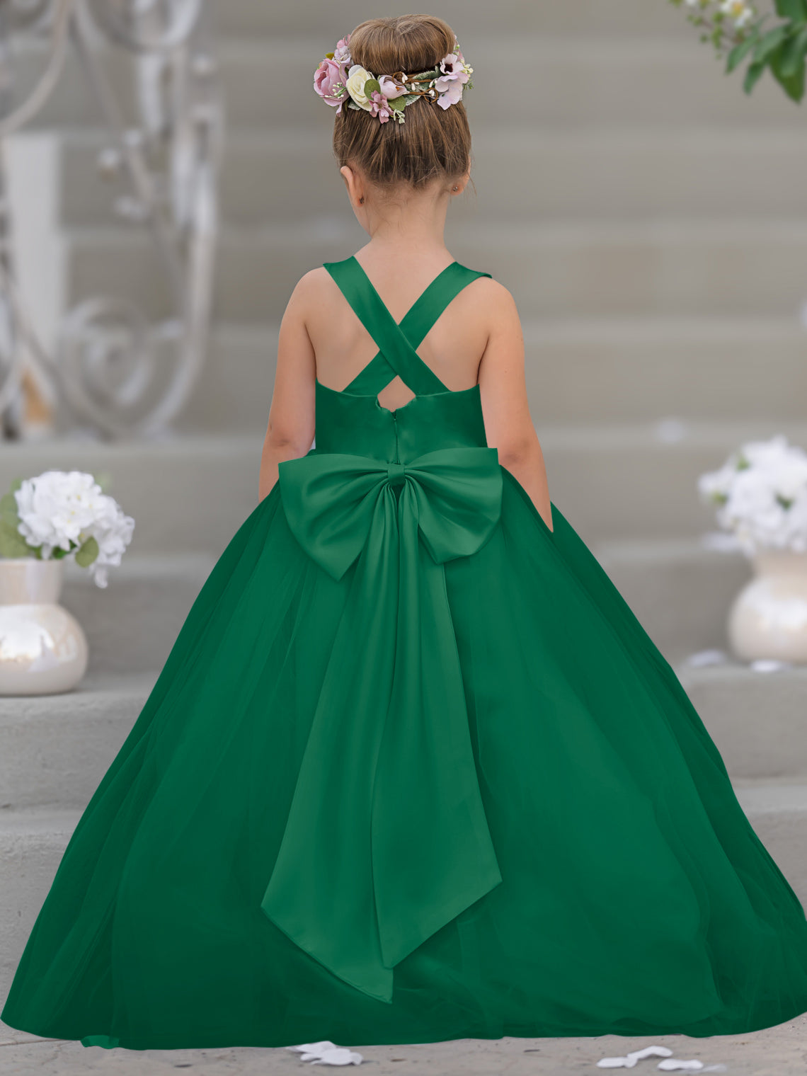 Vestido de niña de las flores clásico de corte en A sin mangas en satén y tul 