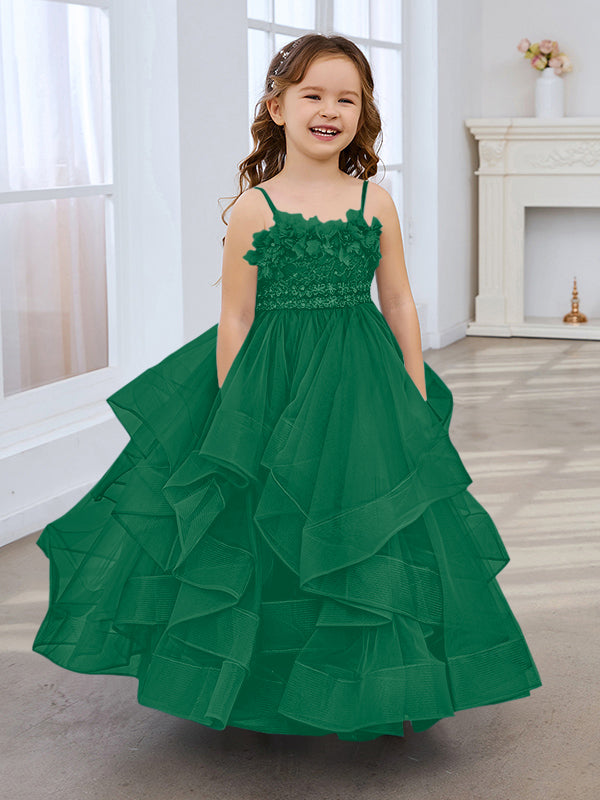 Vestido de niña de las flores de tul sin mangas, corte princesa, azul pizarra, corte en A, estilo princesa 
