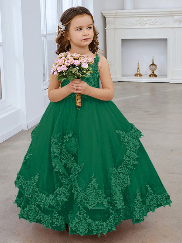 Vestido de princesa sin mangas de tul con apliques de encaje y cola corta para niñas 