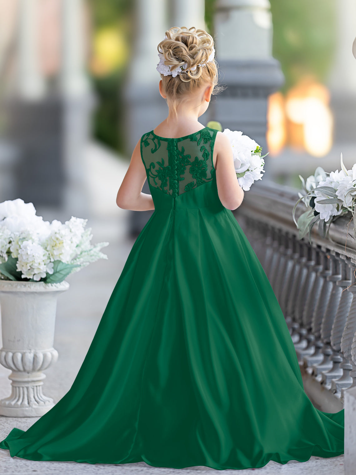 Vestido de niña de las flores para la Primera Comunión, corte en A, encaje y satén, hasta el suelo 