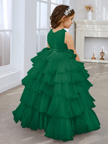 Robe de bal/robe de princesse rose perle sans manches en tulle avec nœud pour demoiselle d'honneur 