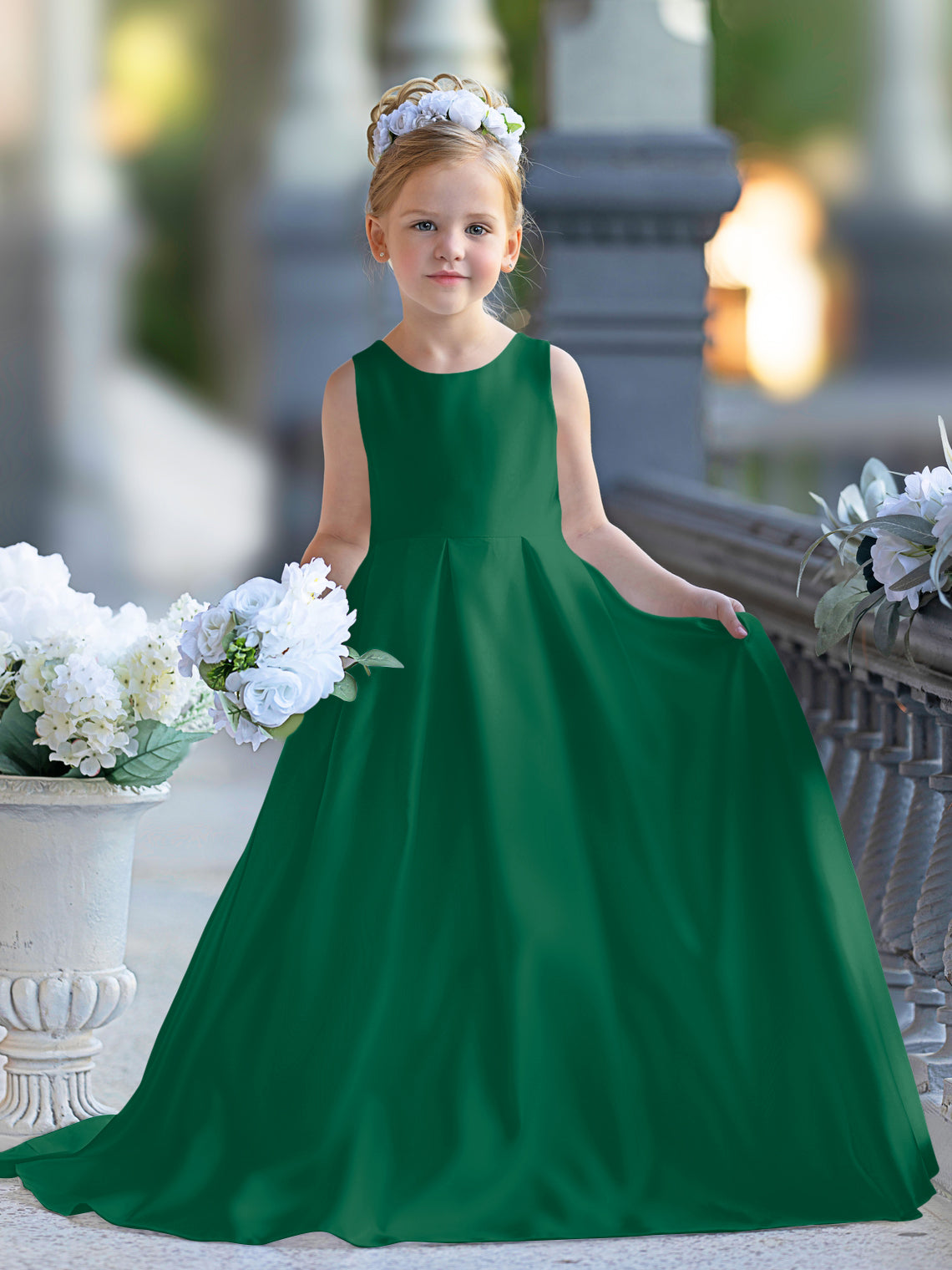 Vestido de niña de las flores para la Primera Comunión, corte en A, encaje y satén, hasta el suelo 
