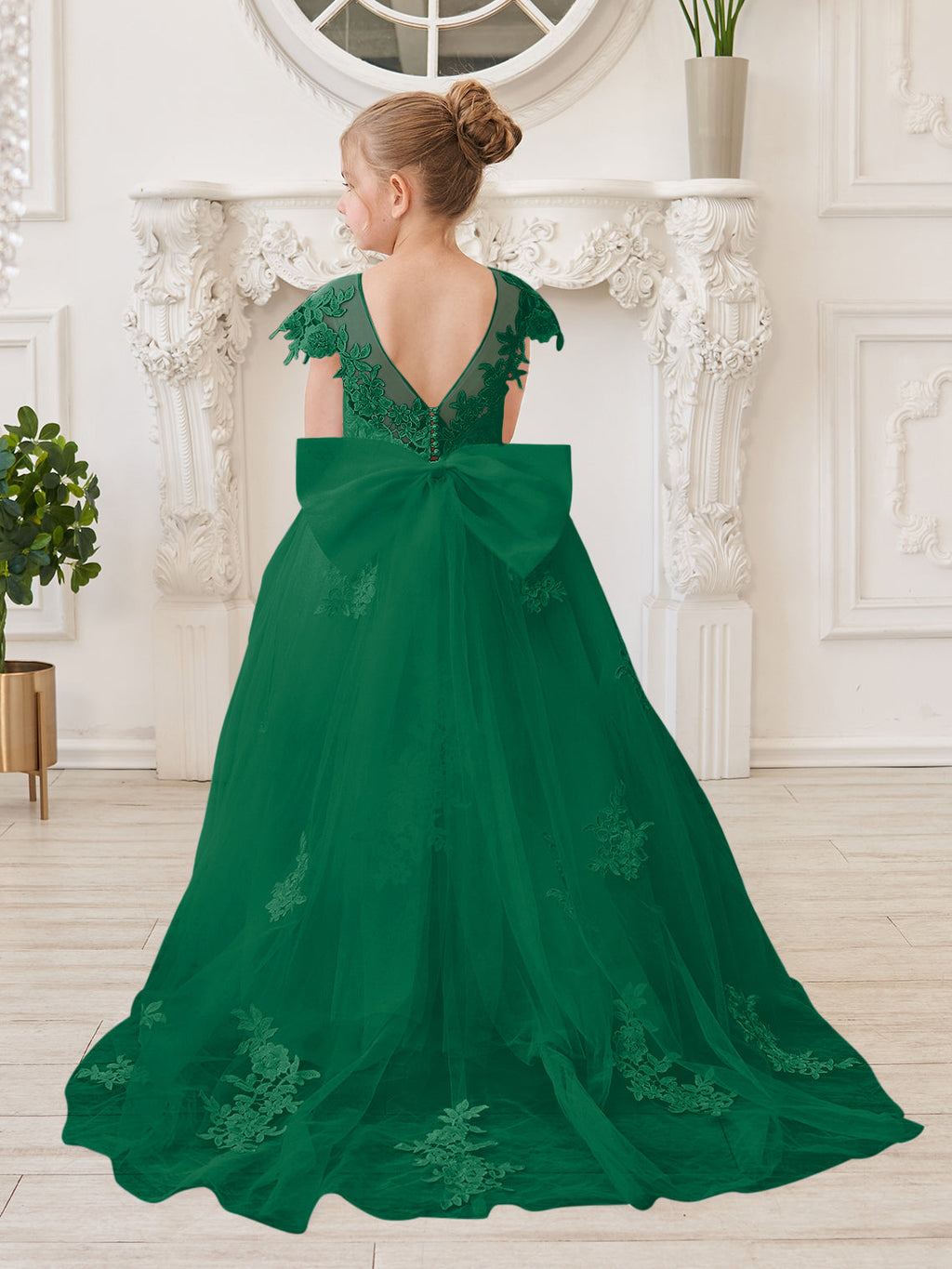 Vestido de niña de las flores para la Primera Comunión, color marfil, con cola desmontable estilo princesa. 