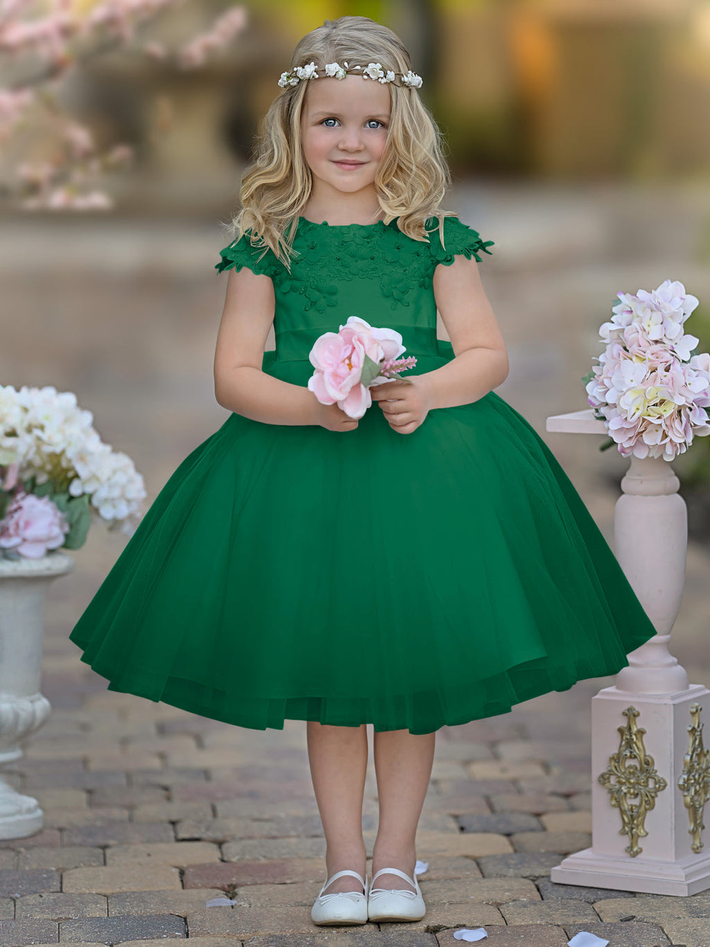 Vestido de niña de las flores de la Primera Comunión, color marfil, de tul satinado hasta la rodilla 