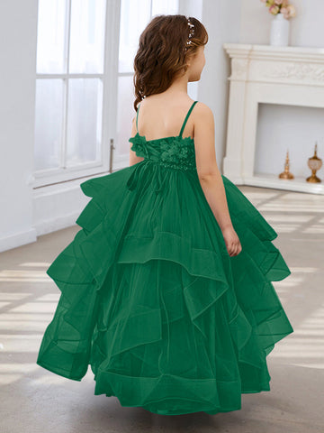 Vestido de niña de las flores de tul sin mangas, corte princesa, azul pizarra, corte en A, estilo princesa 