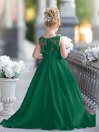 Vestido de niña de las flores para la Primera Comunión, corte en A, encaje y satén, hasta el suelo 