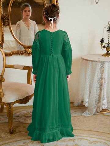 Robe de première communion ivoire en mousseline de soie, coupe trapèze, longueur au sol 