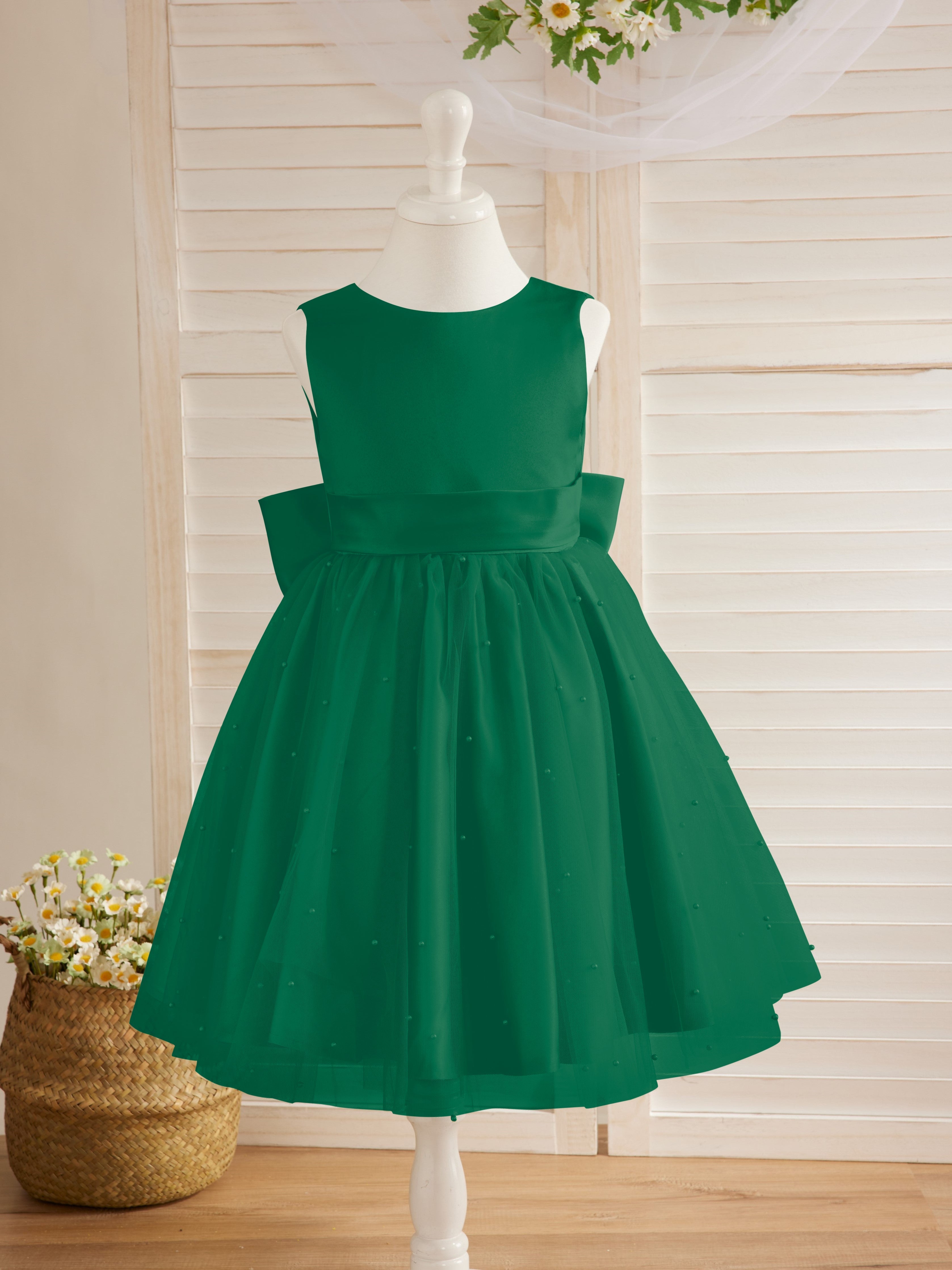 Vestido de princesa/vestido de princesa de satén y tul hasta la rodilla para niña de las flores 