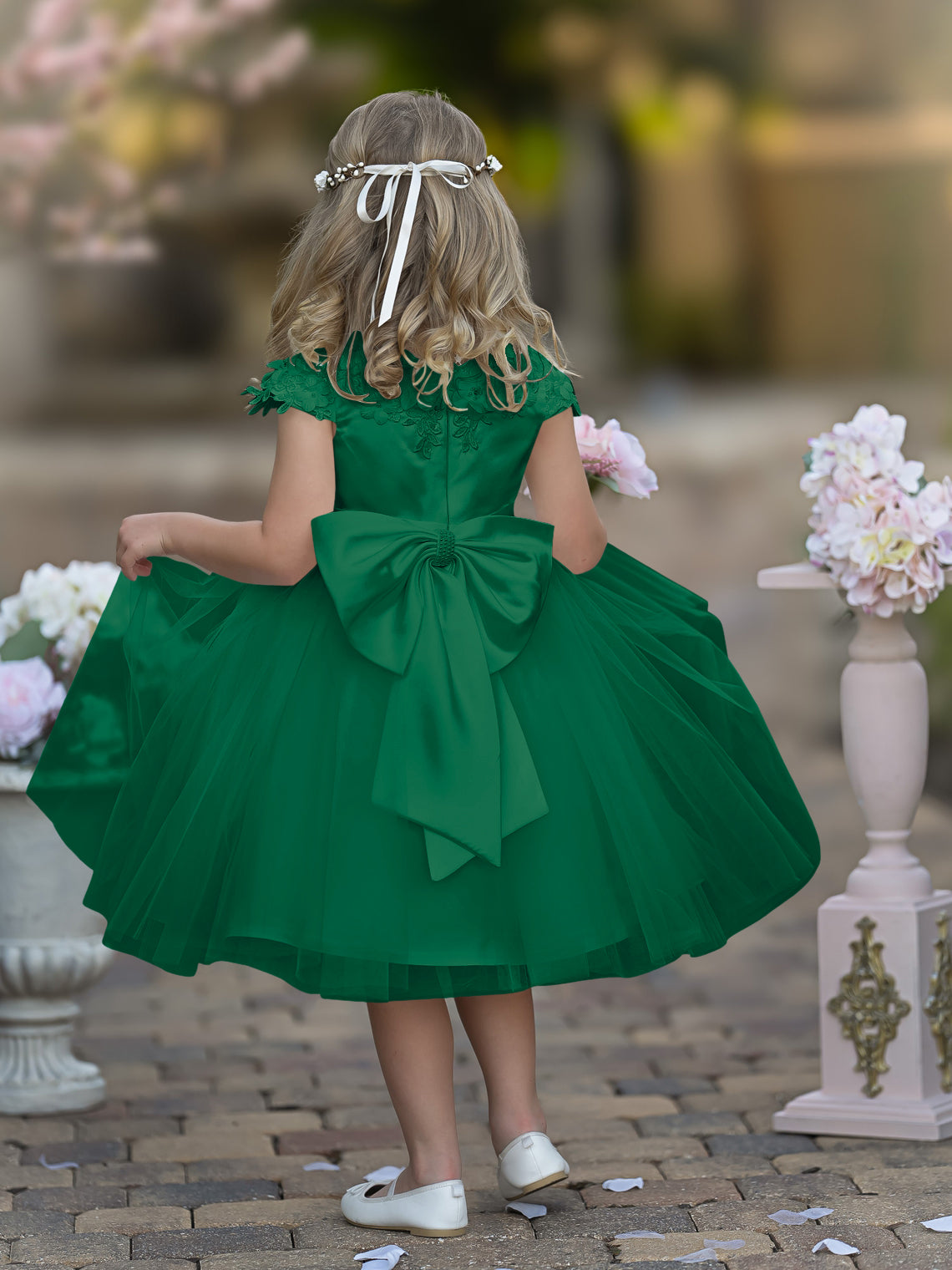 Vestido de niña de las flores de la Primera Comunión, color marfil, de tul satinado hasta la rodilla 
