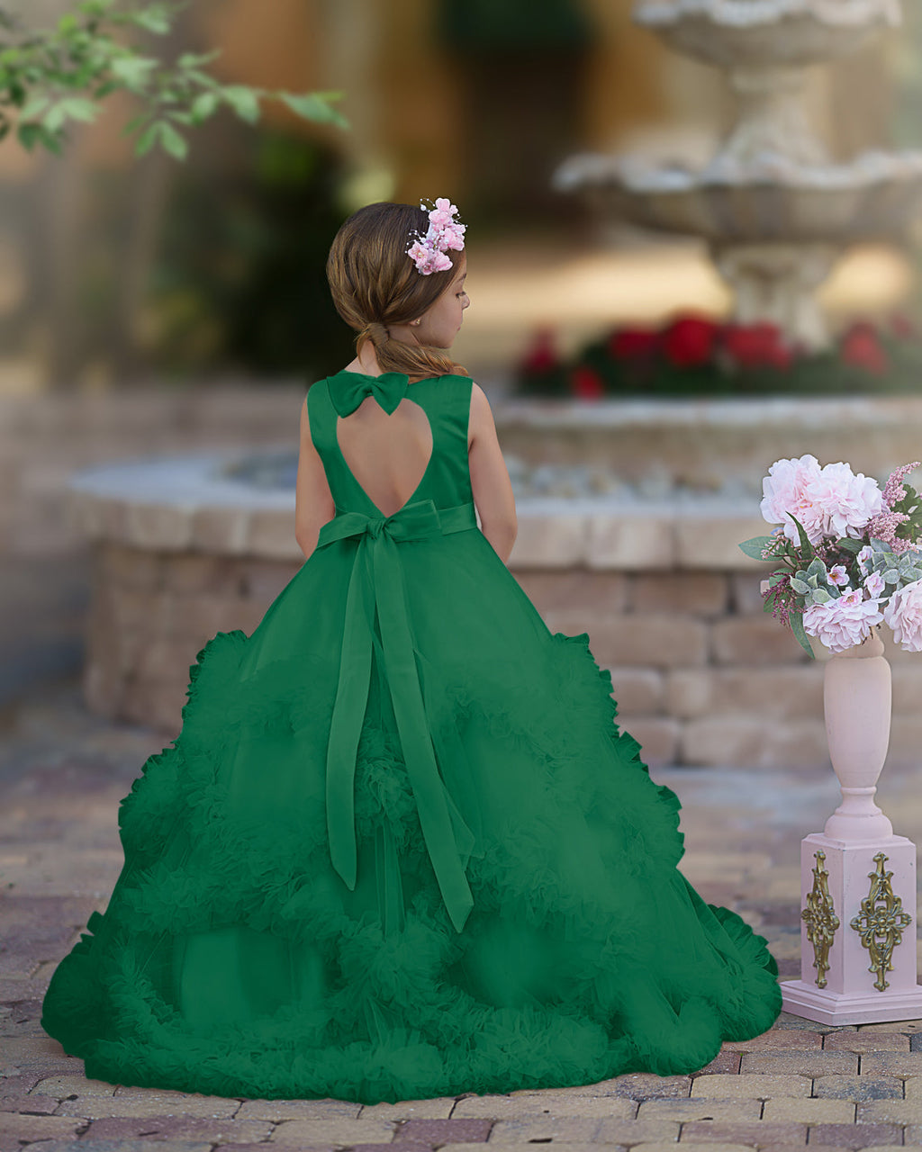 Vestido de niña de las flores de corte A, de satén y tul, hasta el suelo, con volantes en cascada. 