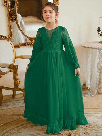 Vestido de Primera Comunión color marfil, corte en A, de gasa hasta el suelo 