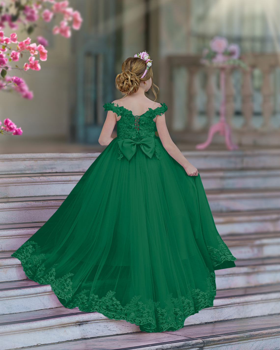 Vestido de gala/princesa rosa con cola de encaje para cumpleaños 