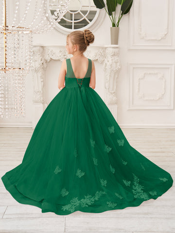 Elegante vestido de princesa sin mangas de tul para niña de las flores, corte en A 