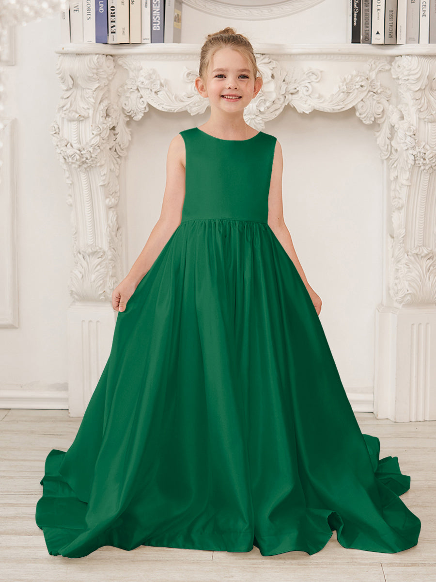 Vestido de niña de las flores de satén sin mangas, corte princesa, con cola y lazo. 