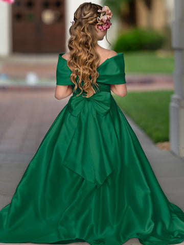 Elegante vestido de princesa de satén marfil con cola y lazo para niñas de las flores 