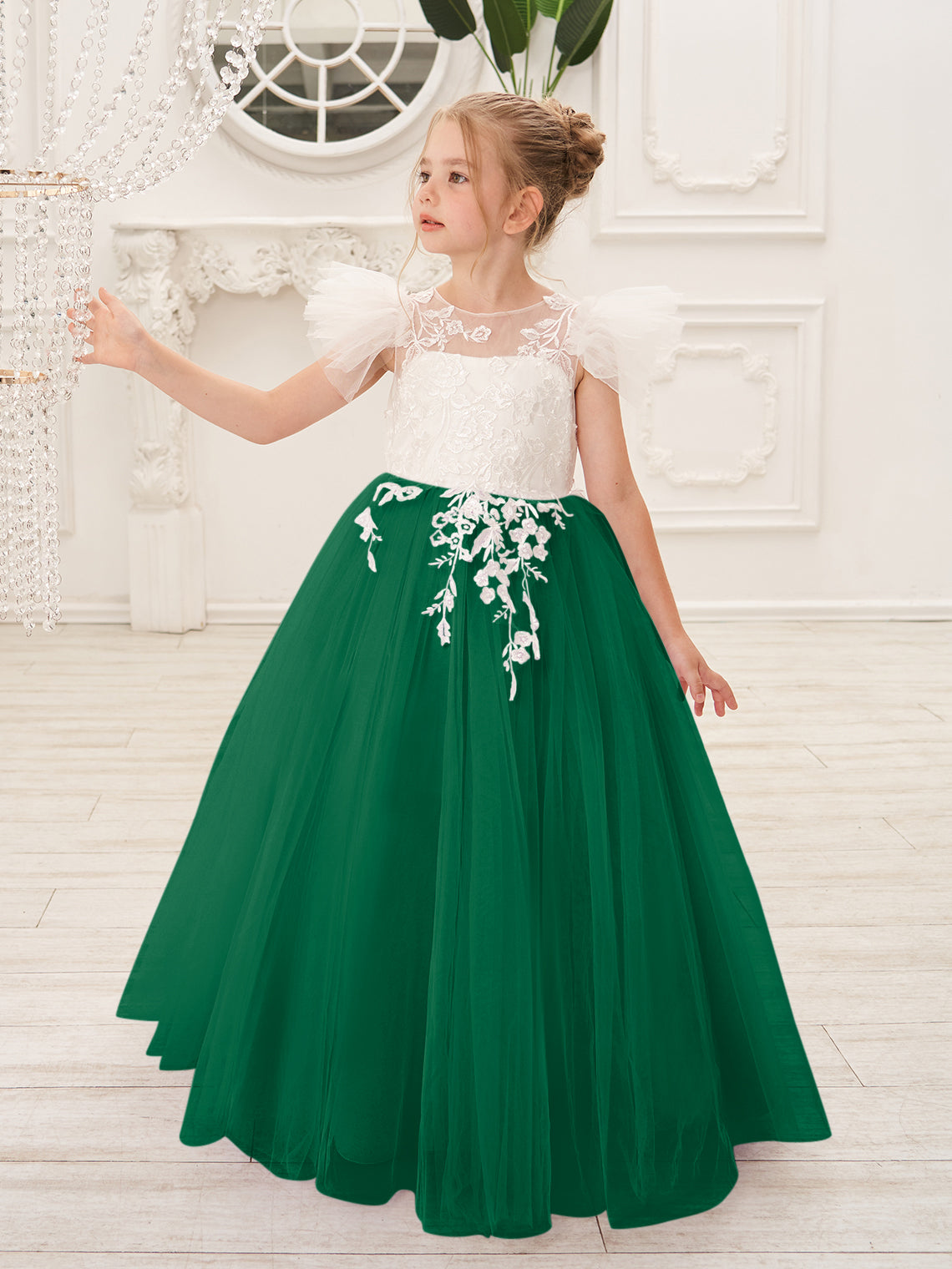 Vestido de niña de las flores con cola de tul y encaje desmontable 