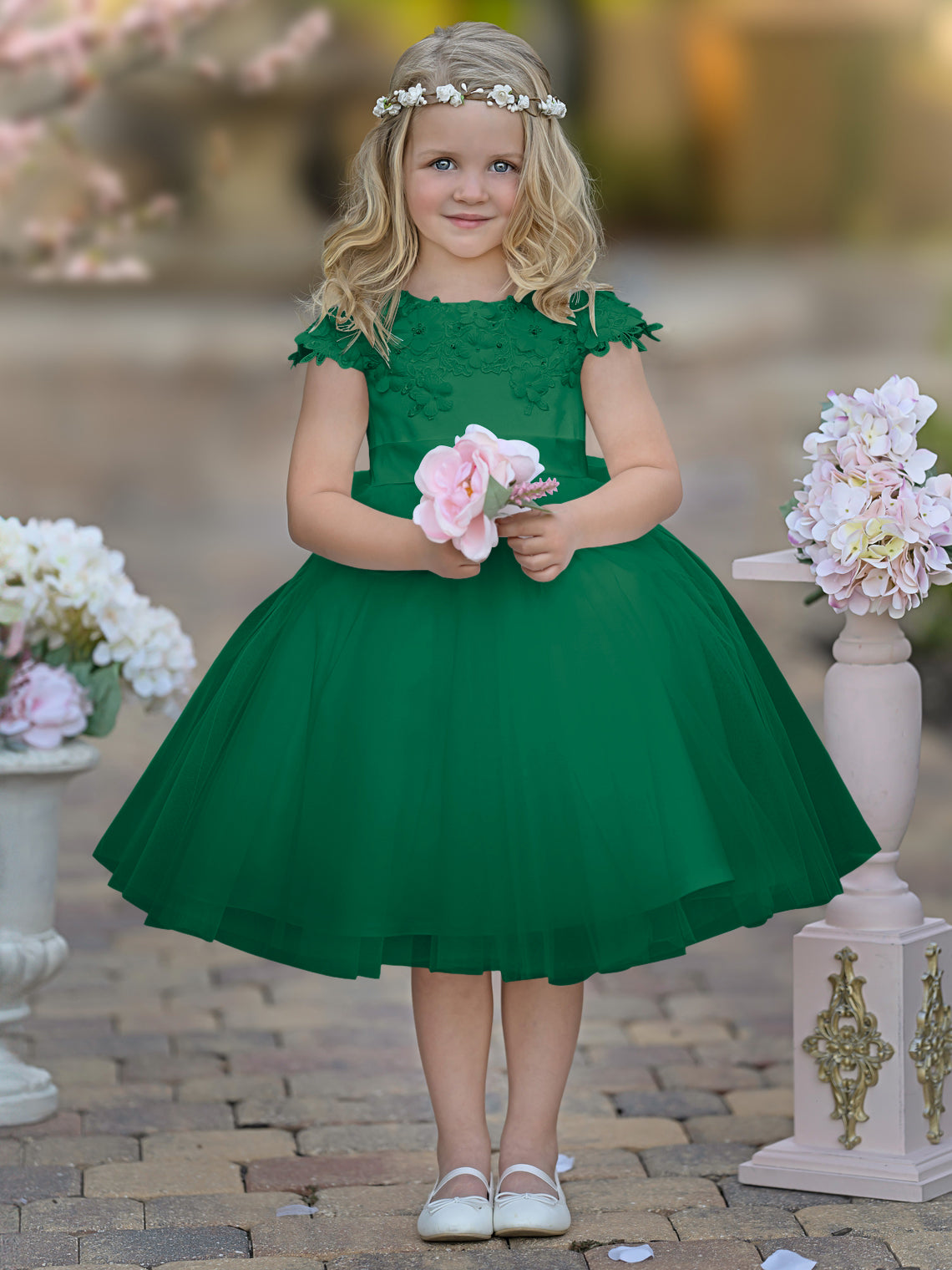 Vestido de niña de las flores de la Primera Comunión, color marfil, de tul satinado hasta la rodilla 
