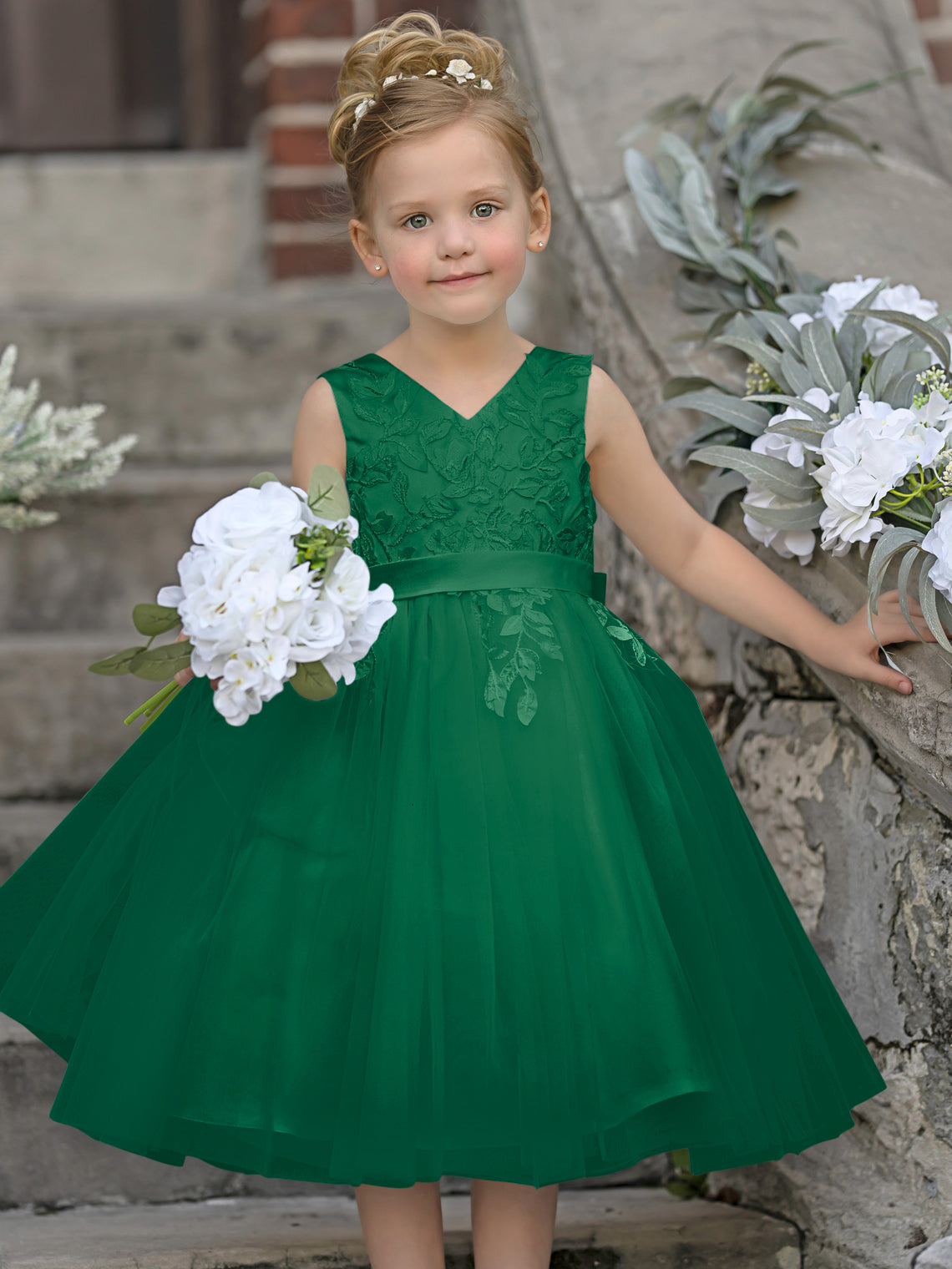 Vestido de niña de las flores sin mangas de tul y encaje hasta la rodilla 