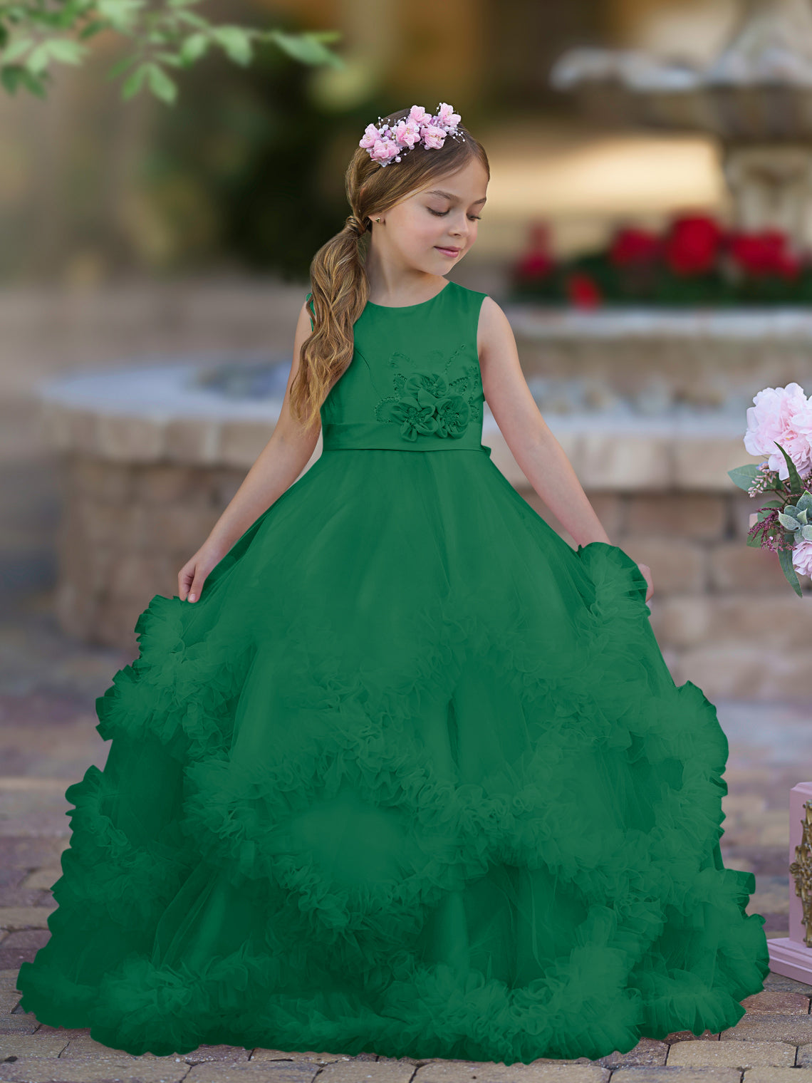Vestido de niña de las flores de corte A, de satén y tul, hasta el suelo, con volantes en cascada. 