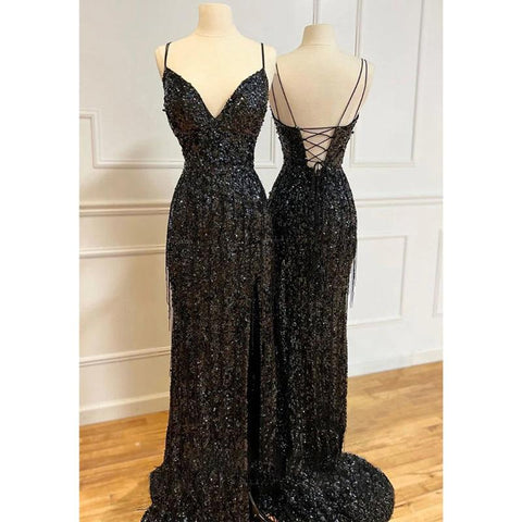 Robe de bal sexy à paillettes noires et col en V 