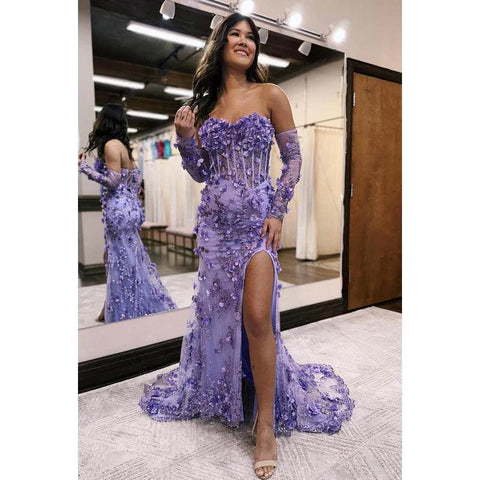 Sweetheart Floral Beaded Appluqued Sheer Tulle Sheath Long Prom Evening Dress