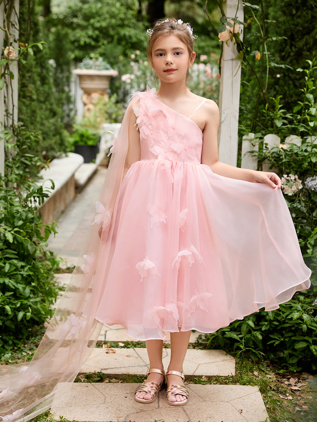 Vestido rosa de organza de corte A hasta la rodilla (010220821) 
