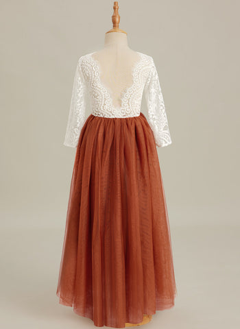 Vestido de niña de las flores de tul, manga larga, corte línea A, encaje blanco angelical 