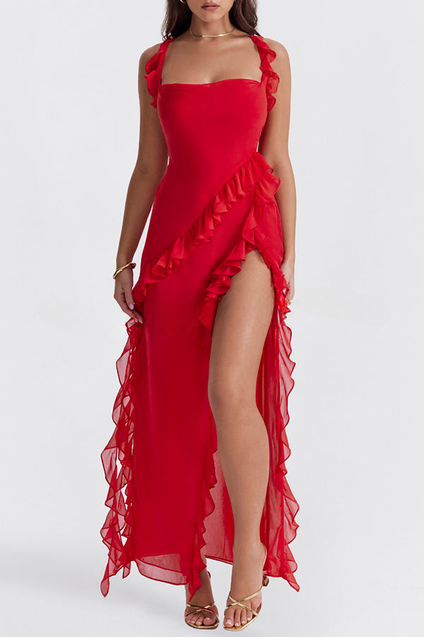 Robe maxi légère à volants et fente haute, ultra-sexy 