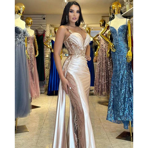 Ruched Sequined Lace Satin Sheath Long Prom Gown