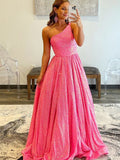Vestido de fiesta de lentejuelas con un solo hombro, corte en A y bolsillos