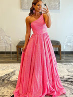 Vestido de fiesta de lentejuelas con un solo hombro, corte en A y bolsillos