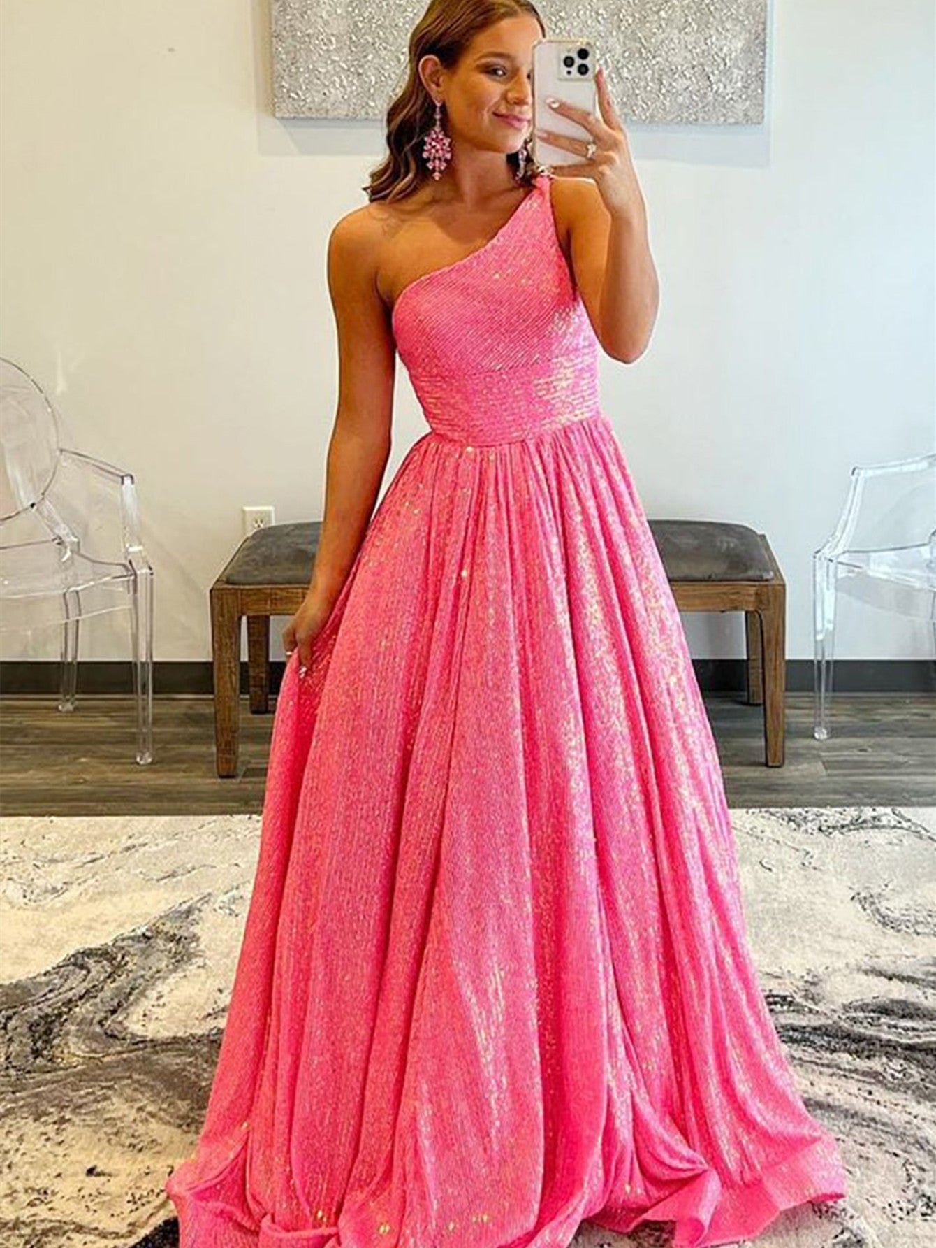 Vestido de fiesta de lentejuelas con un solo hombro, corte en A y bolsillos