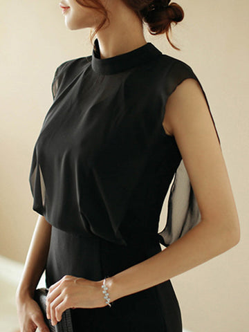 Vestidos de noche midi sueltos sin mangas de gasa calada transparente con abertura en la entrepierna, cremallera y cuello alto 