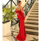 Vestido de noche largo formal con apliques de encaje y corte tubo/columna con abertura 