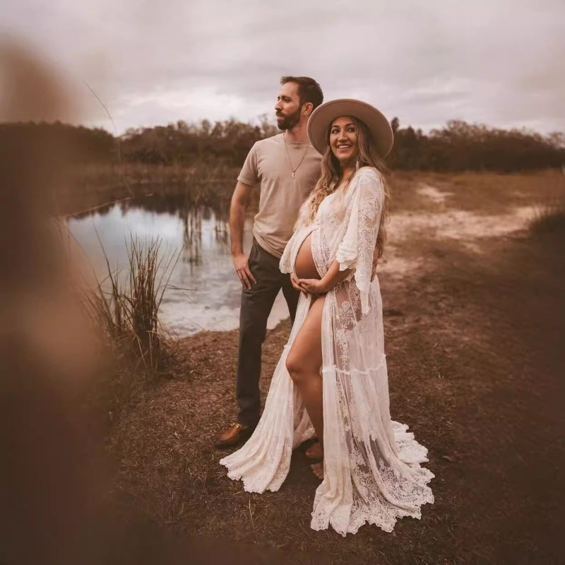 Vestido premamá blanco de encaje de manga corta, vestido premamá de noche con escote en V