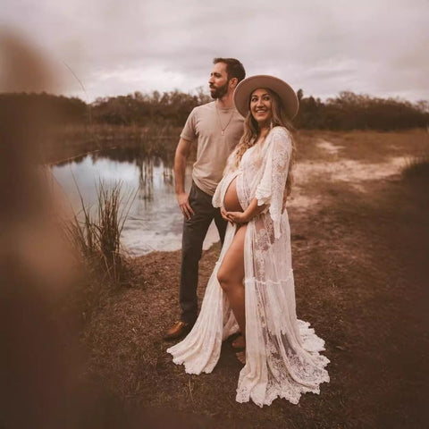 Vestido premamá blanco de encaje de manga corta, vestido premamá de noche con escote en V