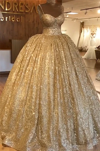 Spaghetti Straps Gold Evening Dress | Luxury Ball Gown Princess Prom Dress S19116