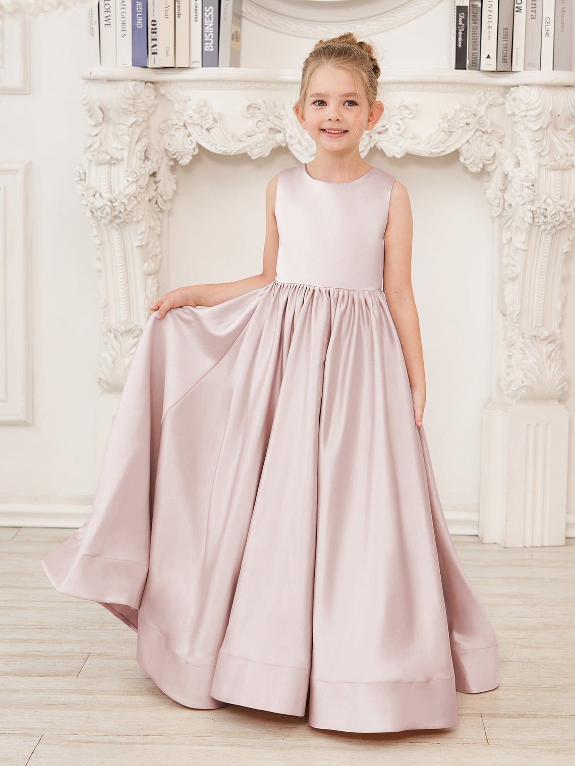 Vestido de niña de las flores de corte A, de satén y encaje, hasta el suelo 