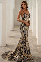 Robe de bal longue sirène à paillettes dorées