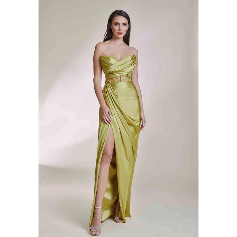 Robe de soirée longue en satin froncé à col en V et sans manches