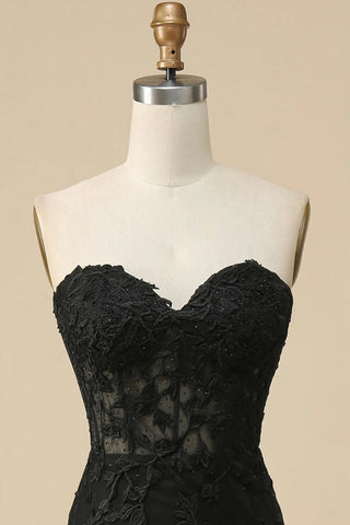 Vestido de fiesta largo de tul estilo sirena con escote corazón y corsé, con apliques