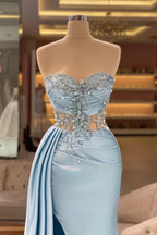 Dbrbridal Column Slit Front Long Sweetheart Strapless Sleeveless Sky Blue Ruffle Stain Prom Gown with Beadings