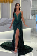 Dbrbridal Long Dark Green Straps Sweetheart Column Slit Front Prom Gown with Sequins