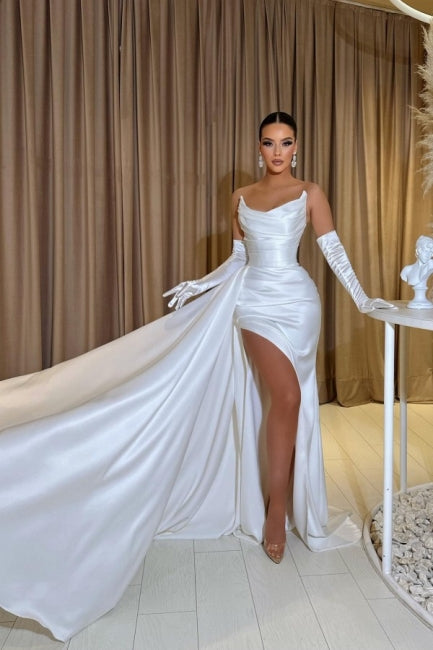 Dbrbridal Long Sleeveless Strapless Charmeuse Slit Front Stain Prom Gown with Ruffles