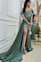 Dbrbridal Long Stain Off-The-Shoulder Slit Front Sweetheart Prom Gown with Lace