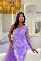 Dbrbridal One Shoulder Column Long Sleeve Slit Front Tulle Long Prom Gown with Lace