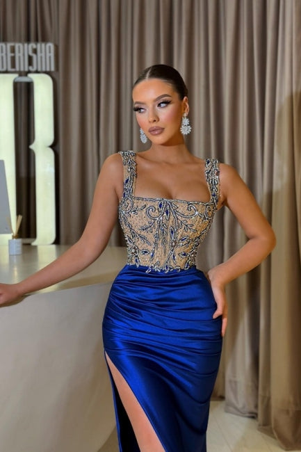 Dbrbridal Sheath Royal Blue Straps Slit Front Square Sleeveless Jewelry Ruffles Long Stain Prom Gown with Beadings